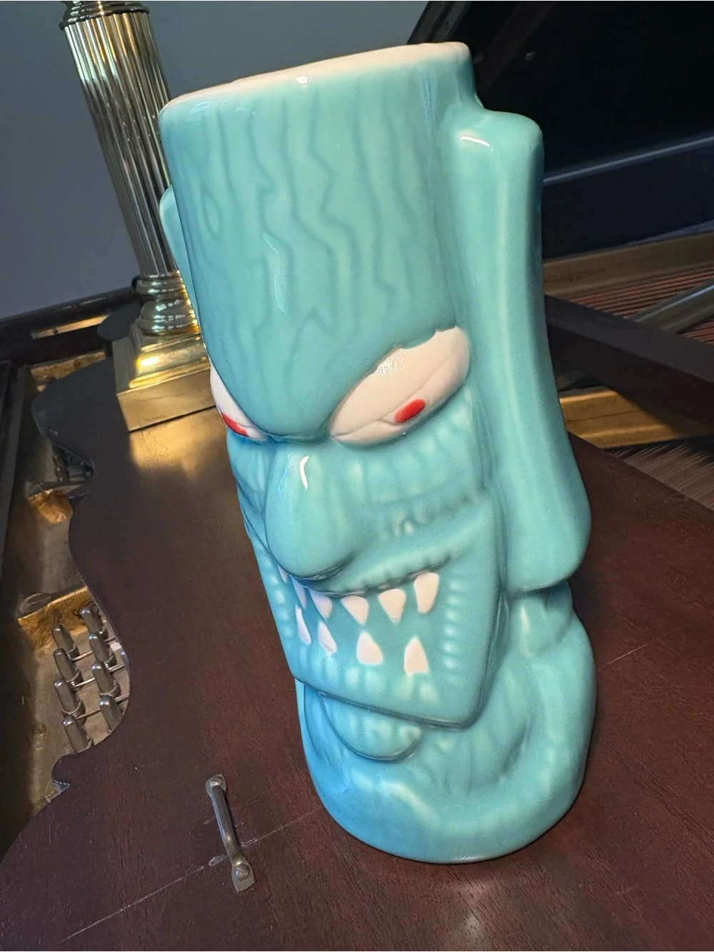 RARE Turquoise Tiki Lin Ceramic Pottery Tiki Mug Totem Face Red Eyes